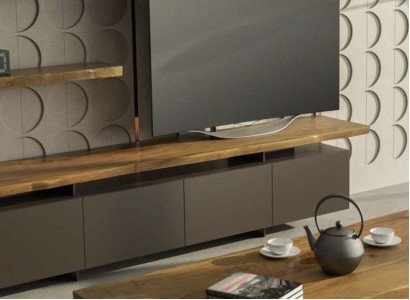 Modern TV stand with wall shelves luxury storage cabinets natural walnut